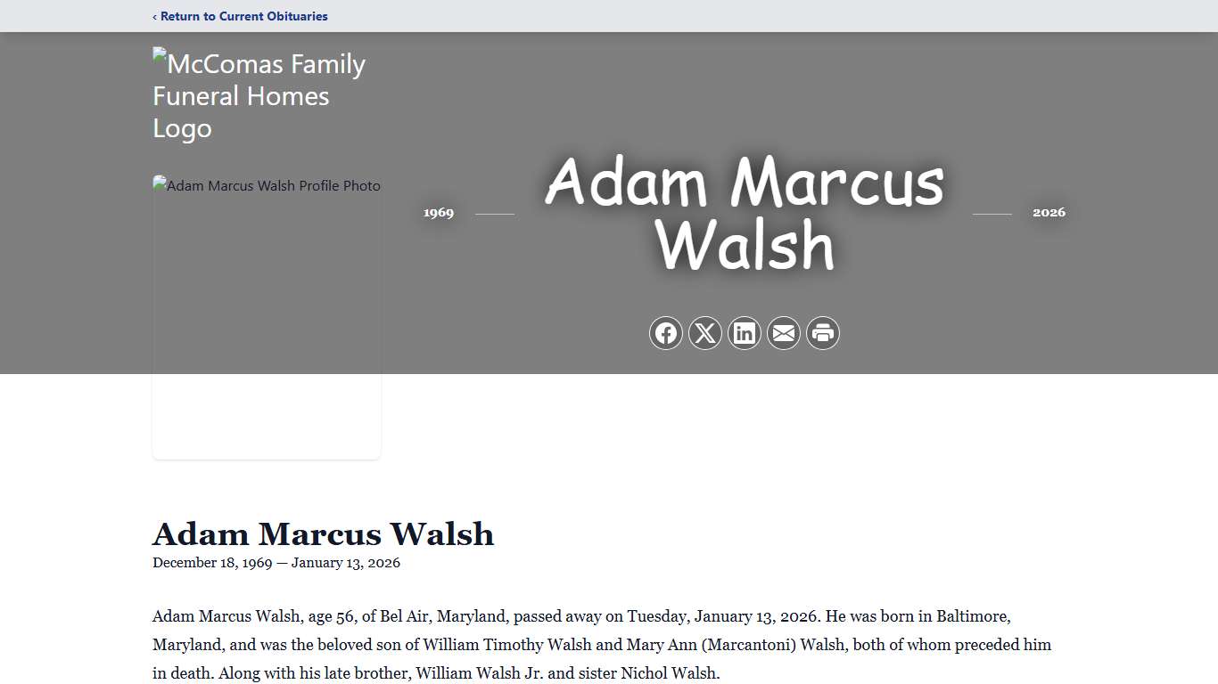 Adam Marcus Walsh Obituary January 13, 2026 - McComas Family Funeral Homes