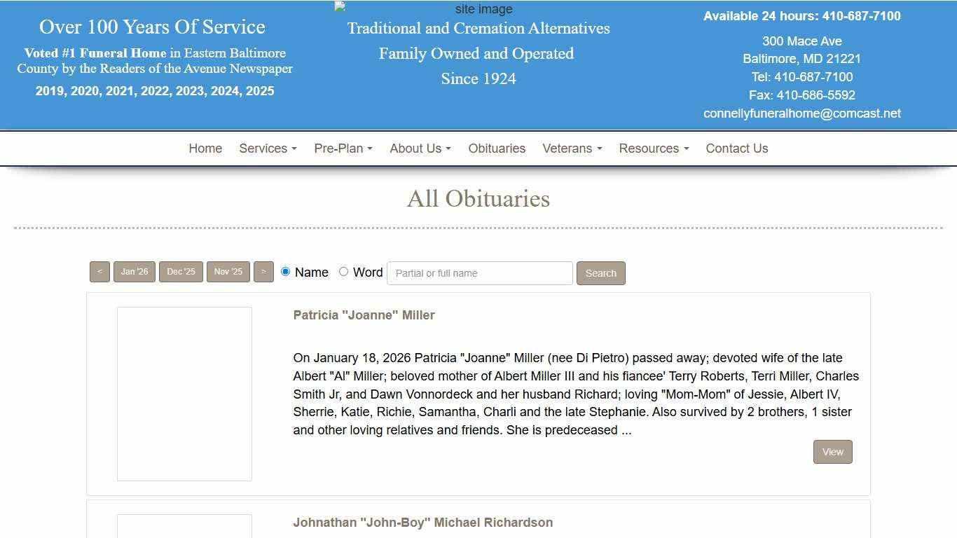 Obituaries in Maryland - Connelly Funeral Home of Essex